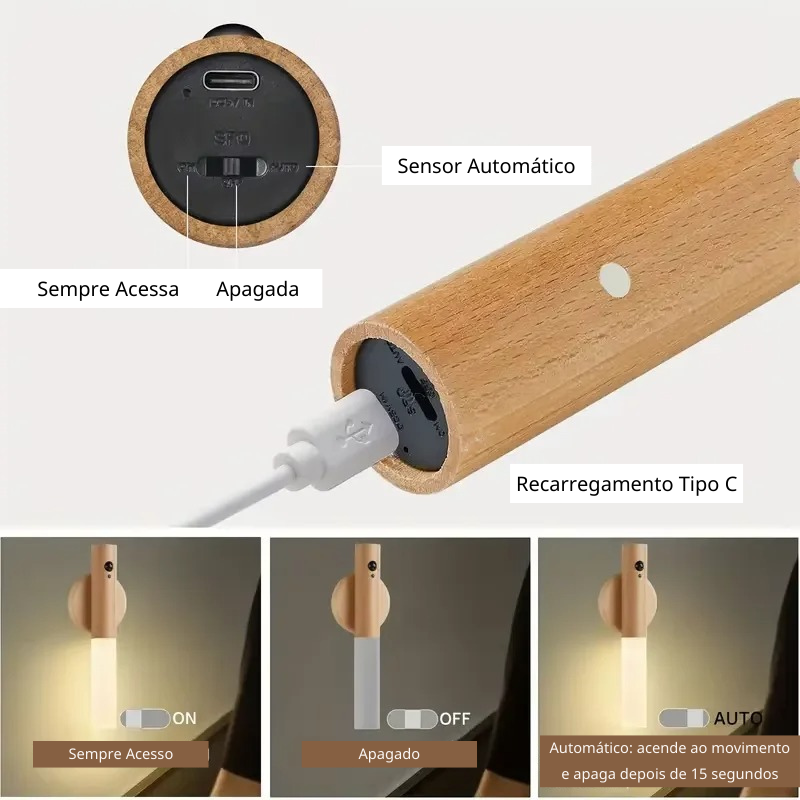 Luz Noturna com Sensor de Movimento | Ajuste de Cor | Recarregável | Portátil