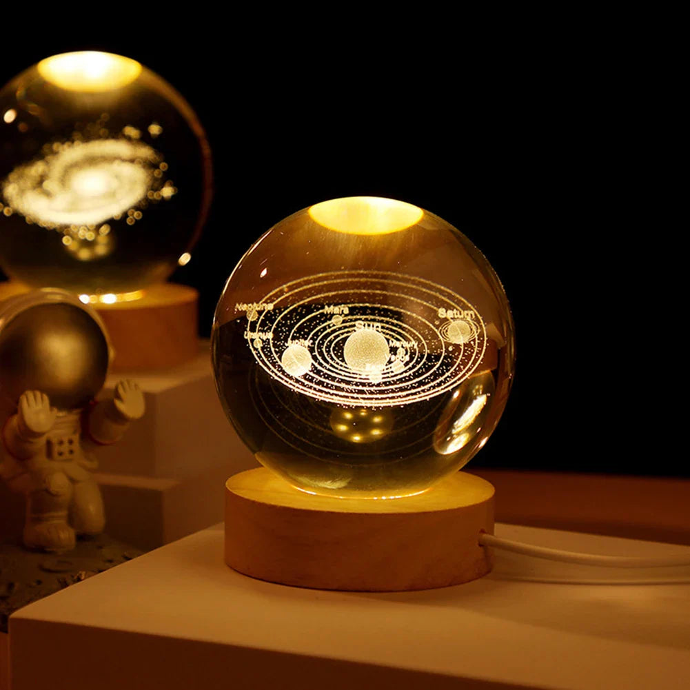 Abajur de Cristal 3D - LightyBall - Galáxia | Lua | Saturno